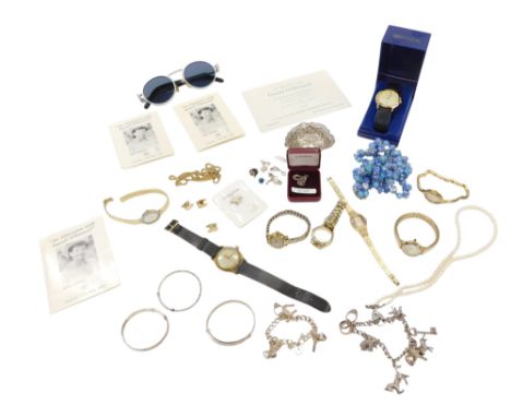 Silver and costume jewellery, including babies bangles, gentlemen and ladies dress wristwatches, gold coloured chain, Jean Pa