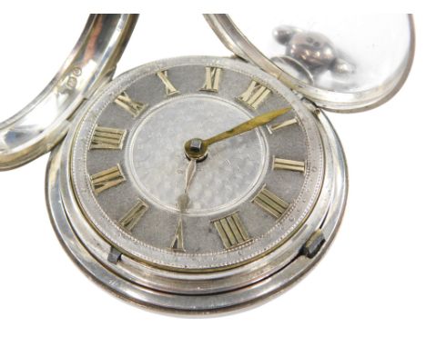 A George III silver pair cased pocket watch, open face, key wind, circular silvered dial with engine turned decoration, chapt