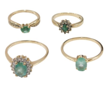 A 9ct gold emerald and diamond ring, the tiered oval cut emerald in a surround of brilliant cut diamonds, in a claw setting, 