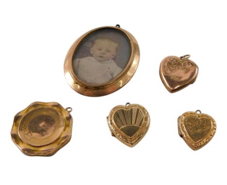 Three gold plated heart shaped photo lockets, with engraved decoration, further locket, and an oval double sided portrait loc