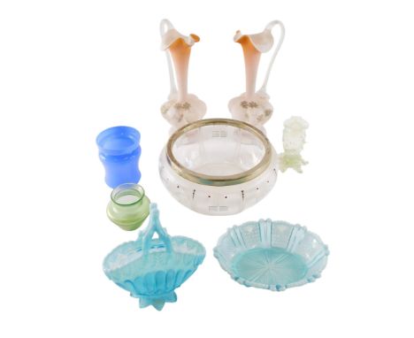 Victorian and later glass, to include two pink tinted ewers decorated with flowers, a salad bowl with silver plated collar, e