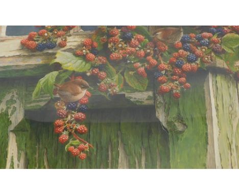 After Andrew Hutchinson. Sparrows, blackberries, etc., artist signed limited edition print, 31cm x 46cm, and another artist s