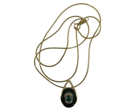 A 14ct gold emerald, diamond, and green enamel pendant, on a 9ct gold snake twist neck chain, with bolt ring clasp, 4.5g.