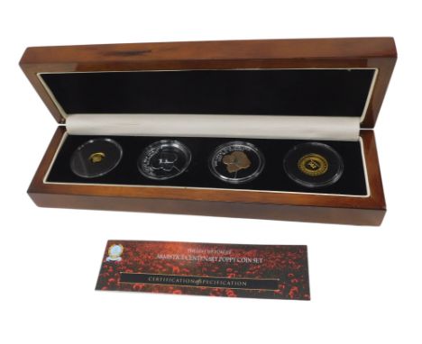A Bradford exchange Armistice centenary coin set, to include silver crown, 0.999 silver weighing 12.5g, a quarter sovereign 2