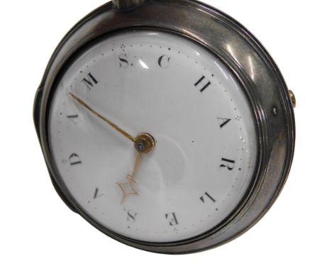 A George III silver pair cased pocket watch, by WS of Woodbridge, open face, key wind, circular enamel dial bearing the name 