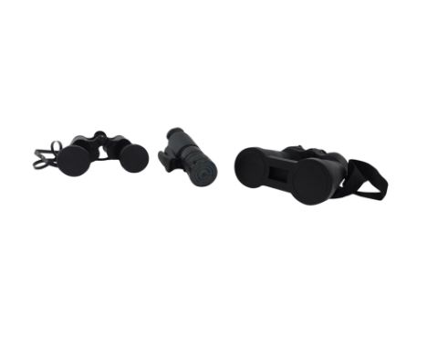 A night vision monocular, the box stamped Gen I Night Vision Monocular, and two pairs of binoculars.