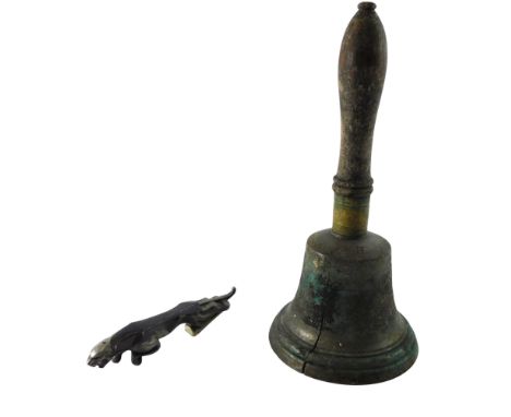 A cast metal Jaguar car mascot, 18cm long, and a school bell, stamped W.H, 13, 37cm high. (AF)
