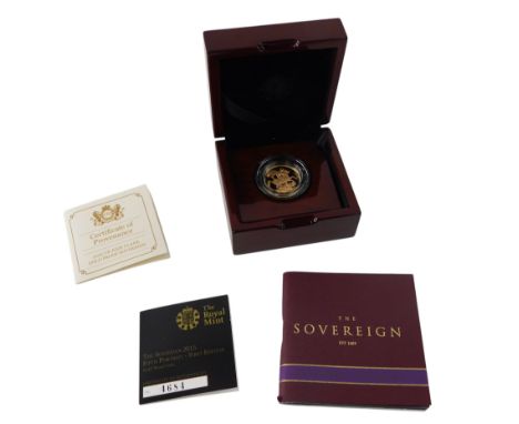 A 2015 fifth portrait first edition gold proof sovereign, with box and certificate.