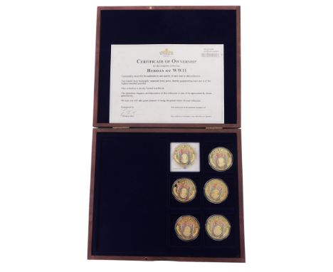 A set of six Heroes of WWII medallion set, to include Winston Churchill, Alan Turing, with certificates, etc.