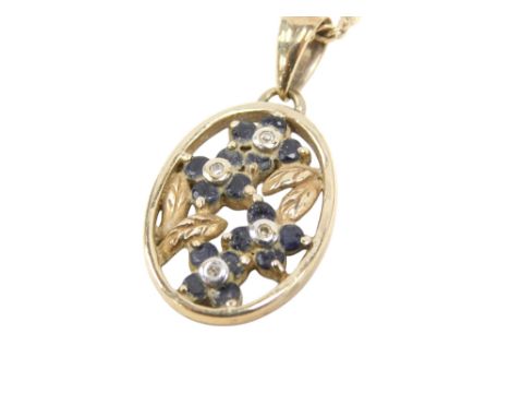 A 9ct gold sapphire and diamond pendant, in an open work four flower design, on a fine belcher link neck chain, with bolt rin