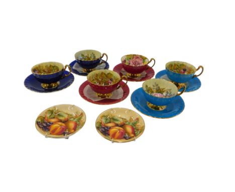 An Aynsley Harlequin tea set, printed and painted with fruit, etc., and two Aynsley Orchard Gold pin trays.