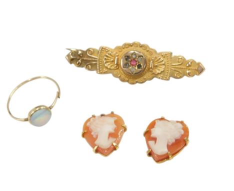 A Victorian 9ct gold and gem set Etruscan style brooch, a pair of 9ct gold and shell cameo earring drops, of heart shaped for