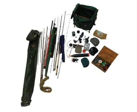 A quantity of fishing tackle, to include Shakespeare and other course fishing rod, accessories, to include Mitchell ACX4 reel