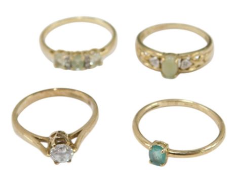 A 9ct gold and cubic zirconia solitaire ring, size N½, and three further gem set 9ct gold rings, sizes P &amp; Q, 7.5g.
