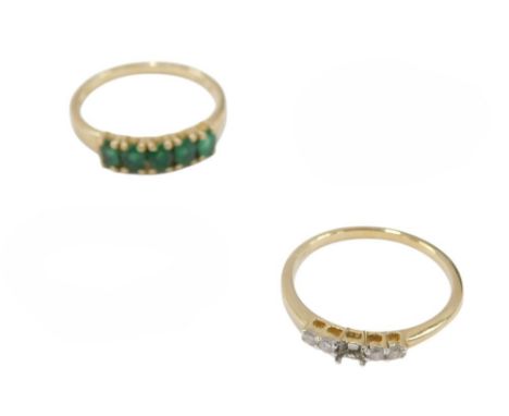 A 9ct gold and diamond five stone ring, centre stone lacking, in a claw setting, size Q, and a 9ct gold and emerald five ston