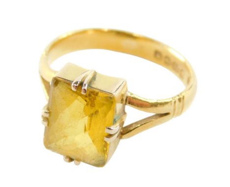 A 22ct gold and citrine single stone ring, the rectangular cushion cut stone, in a box claw setting, size L, 4.4g. 