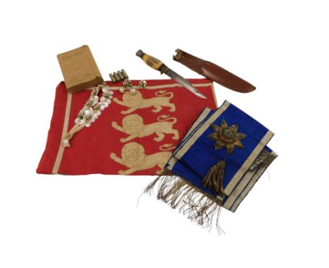 A hunting knife, with part antler handle, a Masonic sash, Royal commemorative handkerchief, etc. 