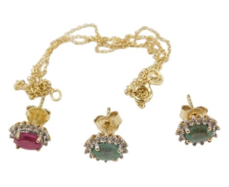A 9ct gold fine link neck chain, on a bolt ring clasp, together with a pair and one single gold and gem set earrings, 3.7g.