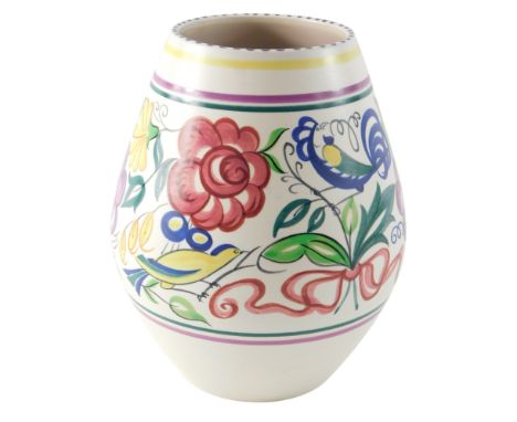 A Poole pottery bullet shaped vase, decorated with typical band of flowers, birds, etc., in bright colours, printed mark to u