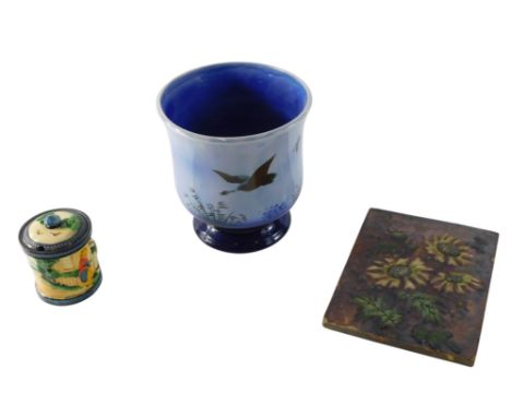A Sylvac Misty Morn jardiniere, decorated with ducks, etc., 18cm high, a ceramic tile decorated with flowers, and a Japanese 