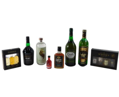 A collection of spirits, to include Glenfiddich, pure malt scotch whisky over 8 years, Crofts original sherry, vintage charac