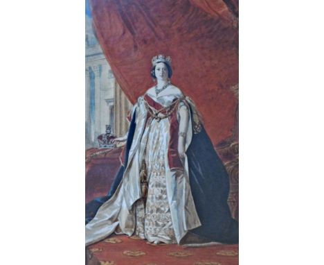 After Franz Xavier Winterhelter (1805-1873). Portrait of Queen Victoria in her Coronation robes, watercolour, 48cm x 29cm.