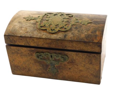 A Victorian burr walnut and brass tea caddy, the hinged domed lid revealing two lidded compartments, 22cm high.