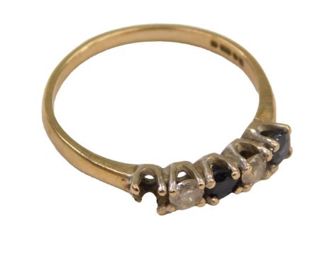  A 9ct gold sapphire and CZ five stone ring, one sapphire lacking, size K½, 1.3g. 