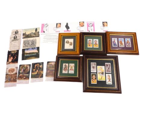 A collection of framed cigarette cards, to include Wolverhampton Wonderers, motorcycle riders, etc., a Marilyn Monroe first d