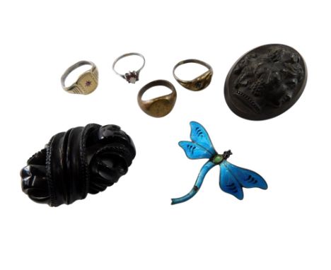 A silver and enamel dragonfly brooch, circa 1900, together with a Victorian jet brooch, lava cameo brooch, bust portrait of B