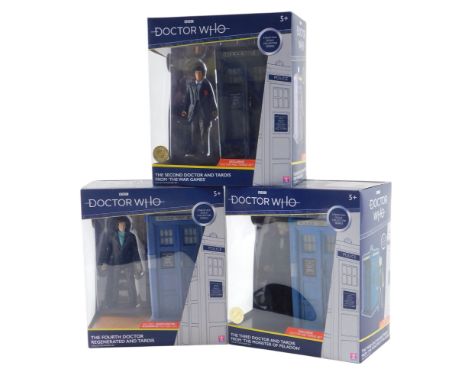 Three BBC Doctor Who collector figure sets, limited edition, The Second Doctor Who and Tardis, The Third Doctor Who and Tardi