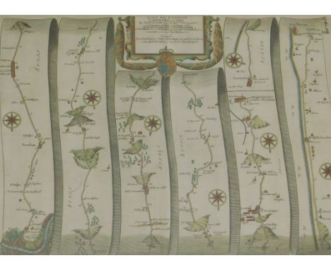 John Ogilby. Original 1675 road map, later coloured, 36cm x 46cm.