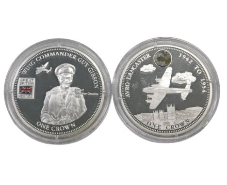 A sterling silver 2014 Avro Lancaster silver crown double coin set, containing the Guy Gibson crown and the Avro Lancaster cr