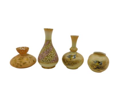 A Royal Worcester blush ivory ground bottle shaped vase, decorated with a blue tit, similar globular vase, a Granger &amp; Co