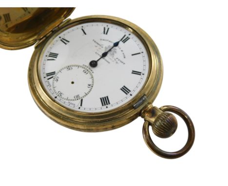 A Thomas Russell &amp; Son of Liverpool gold plated half hunter pocket watch, with circular enamel dial, bearing Roman numera
