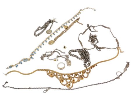 Silver and costume jewellery, including a silver curb link Albert chain, further part chain, and a ring.
