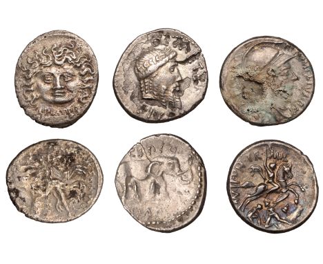 A. Plautius, Denarius, c. 55, head of Cybele right, rev. camel right, kneeling figure holding reins and olive-branch before, 