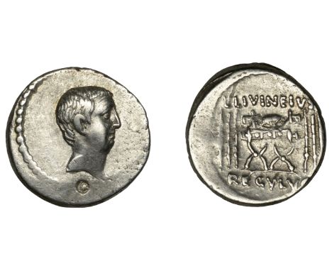 Lucius Livineius Regulus, Denarius, Rome, 42, bare head of the praetor L. Regulus right, rev. l livineivs above, regvlvs in e
