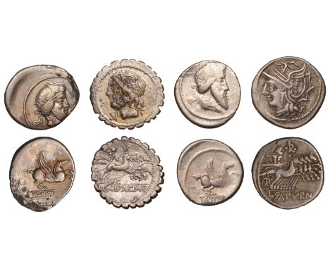 L. Cornelius Scipio Asiagenus, serrate Denarius, c. 106, laureate head of Jupiter left, control mark v before, rev. Jupiter d
