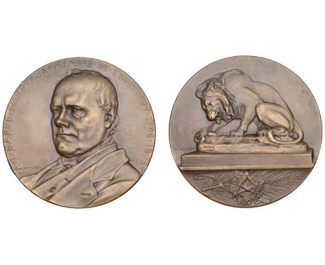 France, A. L. Barye, [c. 1894], a bronze medal by A. Patey, undated, bust left, rev. sculpture by Barye of lion on plinth, 68