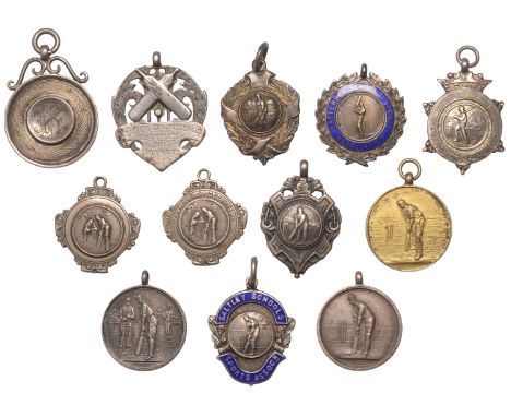 CRICKET, silver award badges (12), c. 1920-1960, various shapes, most named, all hallmarked, total approx. 105.40g [12]. Fine
