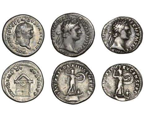 Titus (79-81), Denarius, 80, laureate head right, rev. draped seat with triangular frame, 2.83g/6h (RIC 124; RSC 313); Domiti