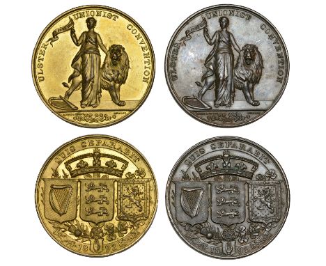 Ulster Unionist Convention, 1892, medals (2), in bronze and gilt-bronze, by Gibson & Co, Hibernia standing, holding banner, B