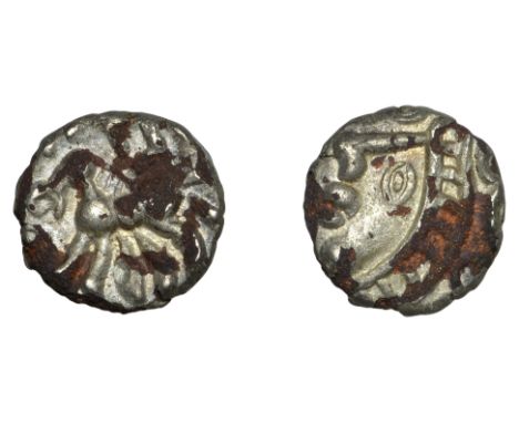 British Iron Age, ATREBATES and REGNI, Commios, plated Unit, Commios Ladder Head type, disjointed moon head left, lentoid eye