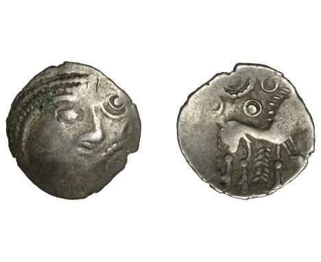 British Iron Age, ICENI, Uninscribed issues, silver Unit, Punk Head type, male head right with herringbone hair, large oval e