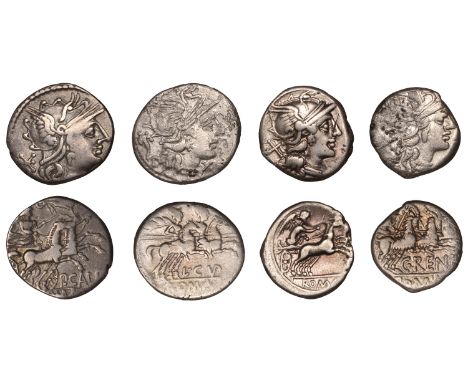 Anonymous, Denarius, c. 157-6, helmeted head of Roma right, x behind, rev. Victory driving biga right, 3.63g/6h (Craw. 197/1a