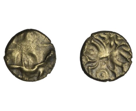 British Iron Age, East Wiltshire, Quarter-Stater, Dahlia Horse Left type, blundered cruciform design, ‘locks of hair’ in quar