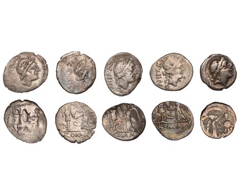 C. Egnatuleius, Quinarii (4), c. 97, laureate head of Apollo right, rev. Victory inscribing shield attached to trophy, carnyx