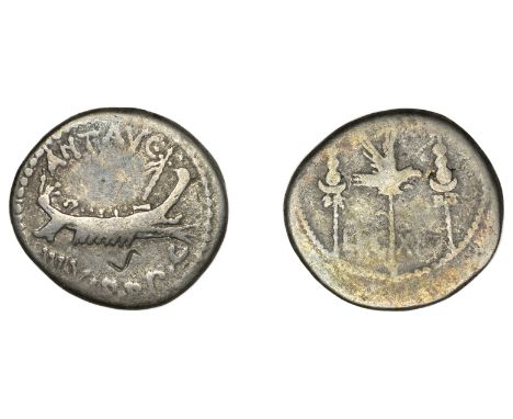 Mark Antony, Denarius, military mint moving with Antony possibly Patrae, 32-1, praetorian galley right, ant avg iii vir r p c