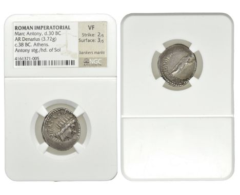 Mark Antony, Denarius, Athens, summer 38, Mark Antony veiled and wearing the priestly robes of an augur, standing right, hold